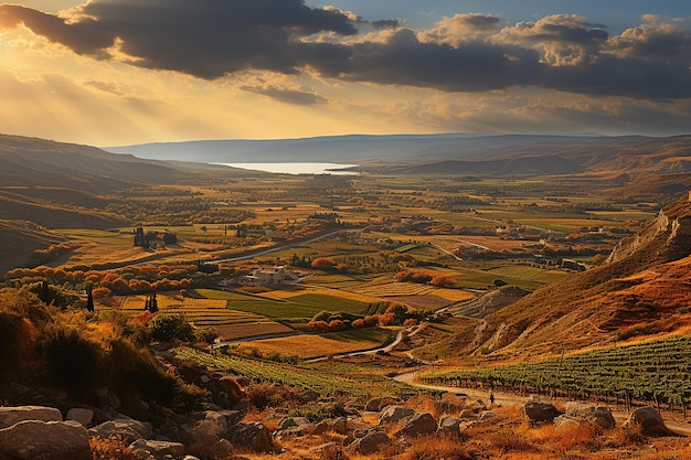 Vue du coucher du soleil sur la vallée de Jezreel depuis le mont