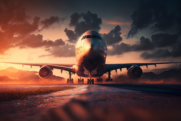 Vue du coucher de soleil d'un avion sur la piste de l'aéroport sous un ciel dramatique Réseau de neurones généré par l'IA