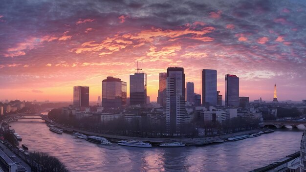 Vue du coucher de soleil sur la Denfense à Paris, en France