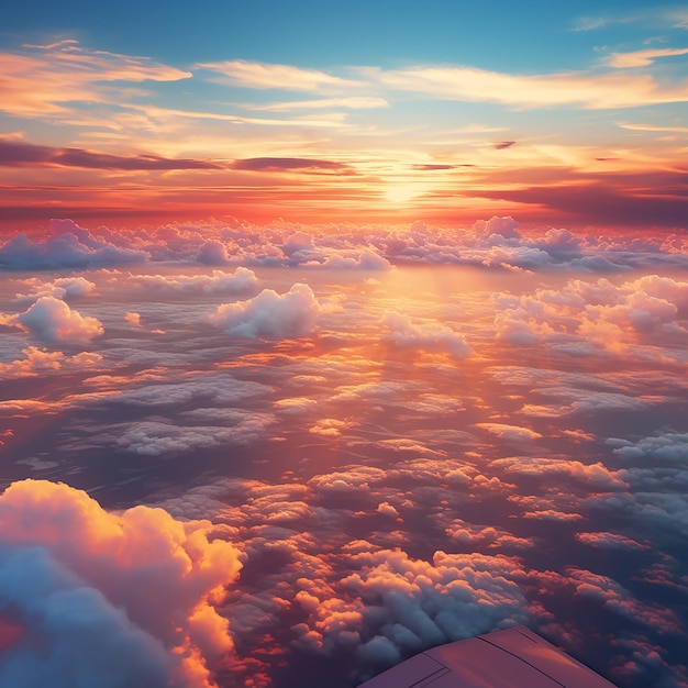 Vue du coucher de soleil depuis la fenêtre de l'avion