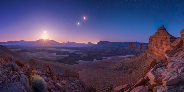 Photo une vue du coucher de soleil sur le désert et la lune