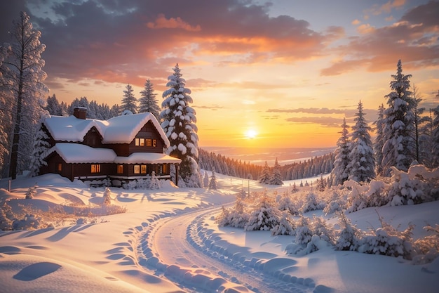 Vue du coucher de soleil de l'hiver enneigé