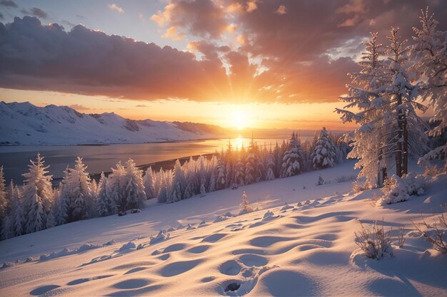 Vue du coucher de soleil de l'hiver enneigé