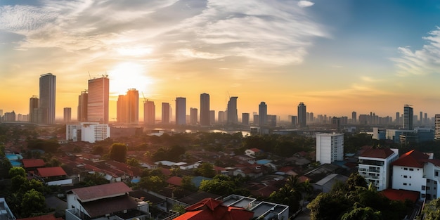 Vue du coucher de soleil à Jakarta depuis le balcon de l'appartement