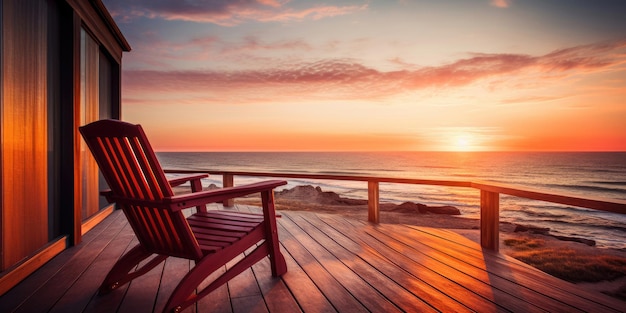 Vue du coucher de soleil sur la mer depuis la véranda en bois avec fauteuil Generative AI