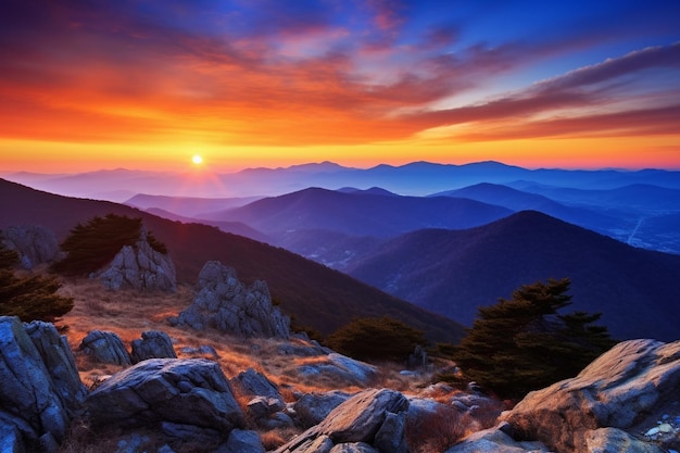 Photo une vue du coucher de soleil sur la montagne