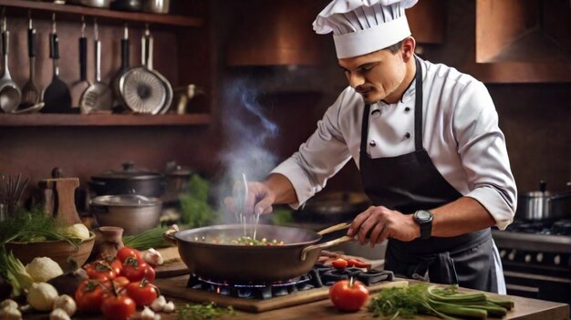 vue du cuisinier faisant une délicieuse cuisine