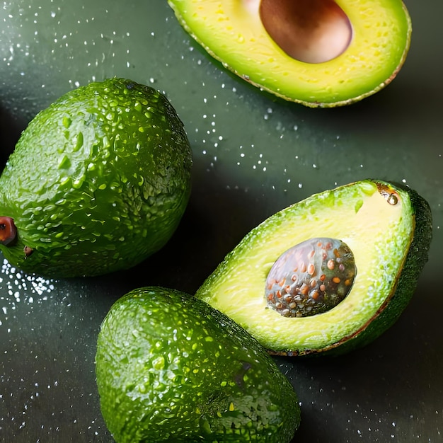 Vue du dessus avocats verts biologiques frais et crus avec des gouttes d'eau