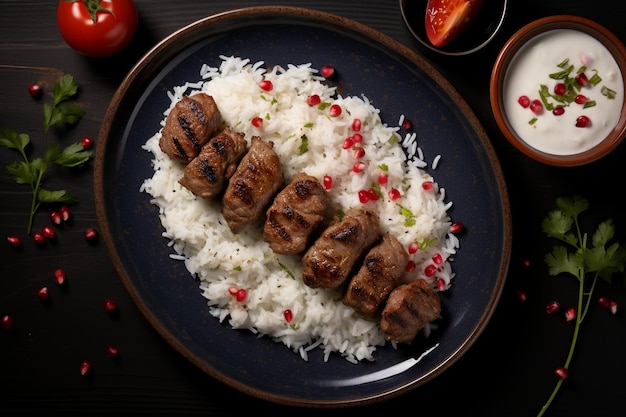 Vue du dessus kebab lule avec tomate et oignon et ayran