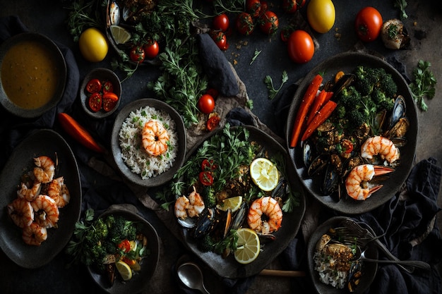 Photo vue du dessus plats de fruits de mer cuits savoureux légumes et couverts sur une table sombre