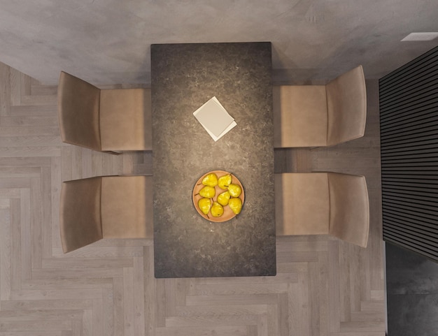 La vue du dessus de la salle à manger Fruits et livres sont sur la table rendu 3D