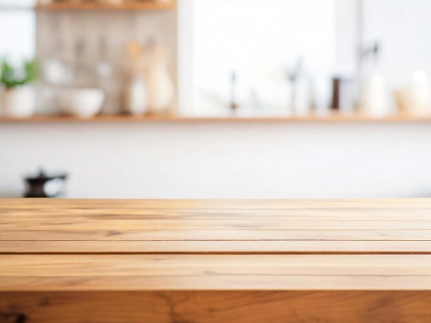 Vue du dessus de la table en bois pour le montage du produit sur un fond de cuisine blanc et propre.