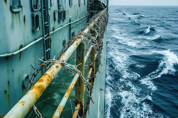 Vue du durcissement du navire à bord des navires utilisant du fil de rasoir et des pointes pour empêcher les pirates de