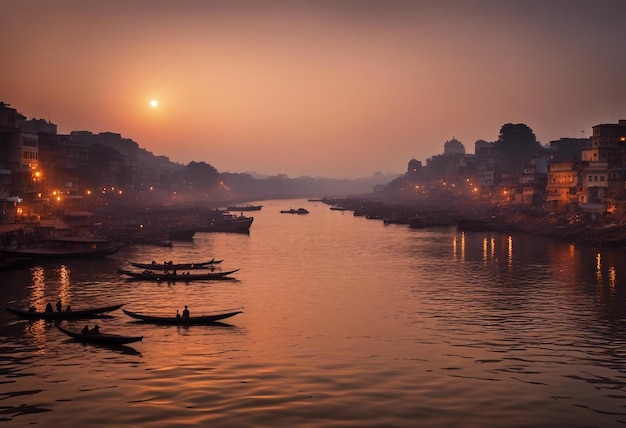 Vue du Gange et de Varanasi, en Inde, à l'aube