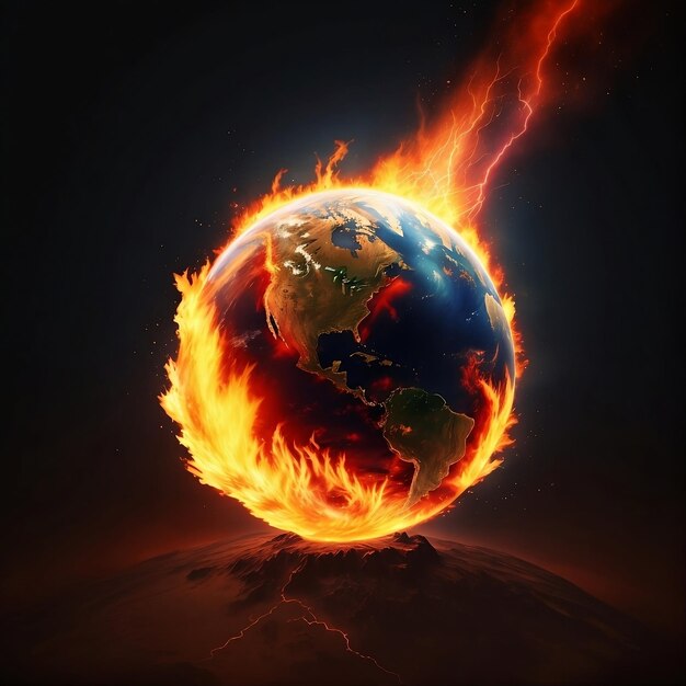 Photo vue du globe de la terre en feu concept du réchauffement climatique terre sur fond noir