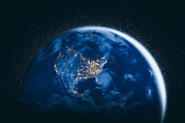 Vue du globe terrestre de la planète depuis l'espace montrant la surface réaliste de la terre et la carte du monde
