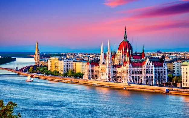 Vue du grand Parlement hongrois avec le célèbre pont Margit AI_Generated