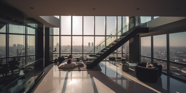 Une vue du hall et des escaliers depuis le dernier étage.