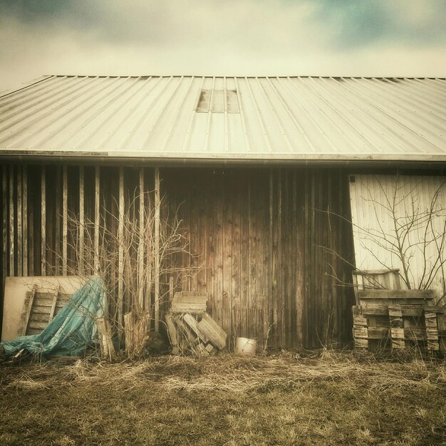 Photo vue du hangar dans le champ