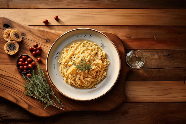 Vue du haut d'une assiette de pâtes délicieuses avec des herbes sur une planche à couper en bois