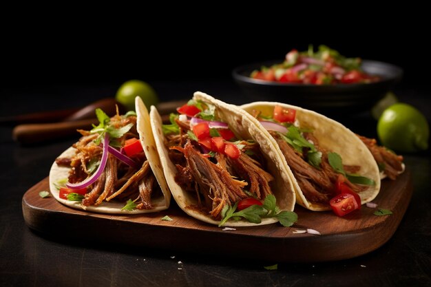 Vue du haut d'une assiette de tacos de carnitas, nourriture mexicaine