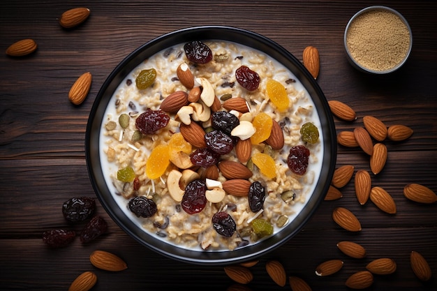 Vue du haut d'un bol de muesli nutritif