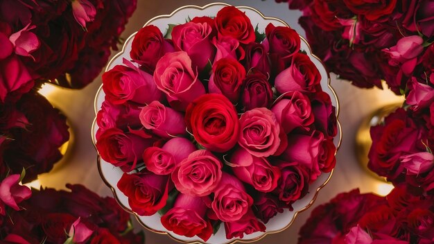 Vue du haut un bouquet de belles roses rouges