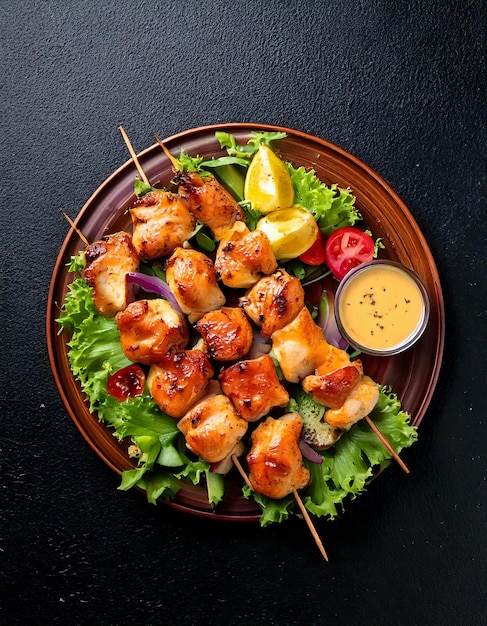 Vue du haut des brochettes de poulet sur la table noire avec salade diététique Composition alimentaire saine