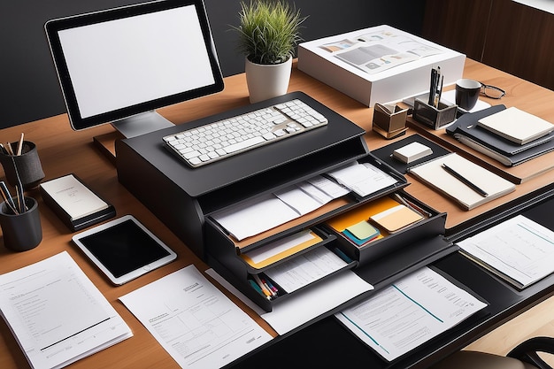 Photo vue du haut d'un bureau de bureau avec de la papeterie et une tablette informatique