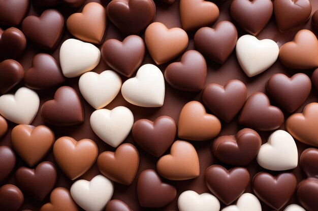 Vue du haut des cœurs en chocolat pour la Saint-Valentin sur fond brun