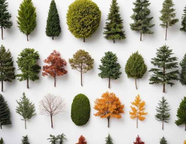 Vue du haut de la collection de divers arbres sur fond blanc