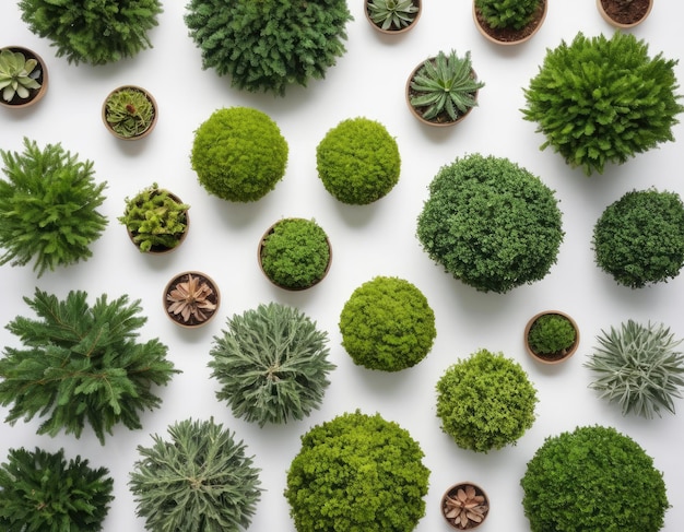 Vue du haut de la collection de divers arbres sur fond blanc