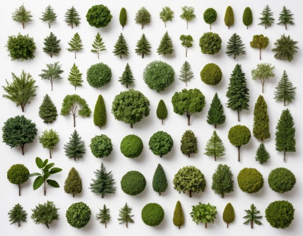 Vue du haut de la collection de divers arbres sur fond blanc