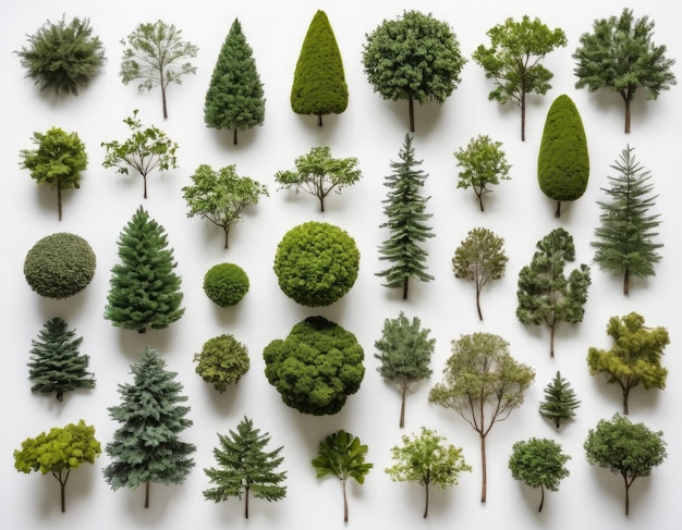 Vue du haut de la collection de divers arbres sur fond blanc