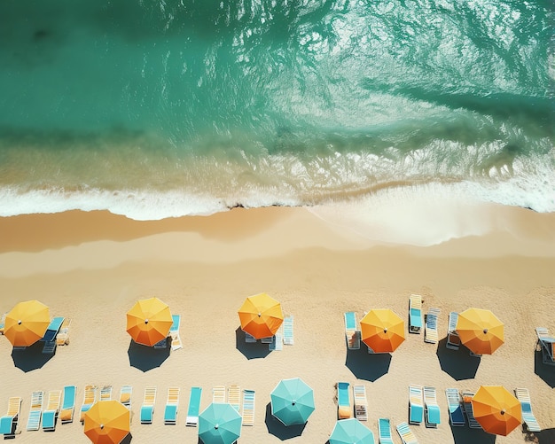 Vue du haut de la côte de la plage et des parapluies