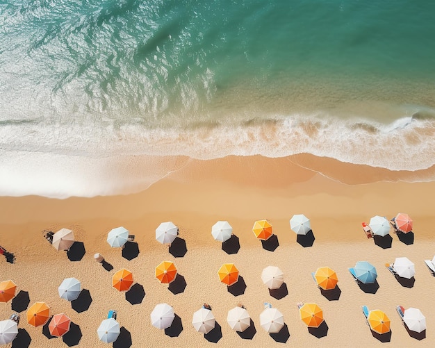 Vue du haut de la côte de la plage et des parapluies