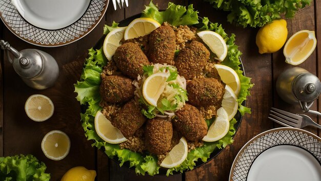 Photo vue du haut de la cuisine turque cig kofte avec citron et laitue sur une table en bois