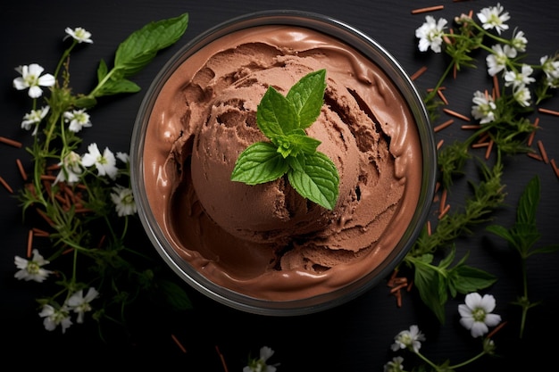 Vue du haut délicieuse crème glacée au chocolat nature morte