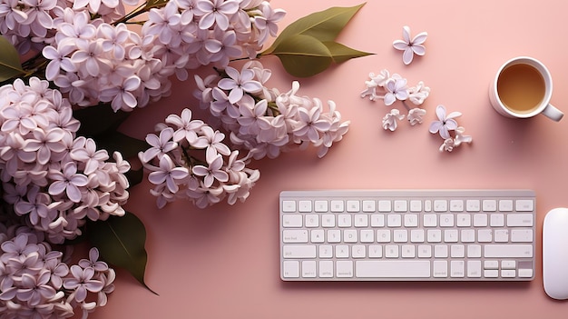 Vue du haut du bureau Espace de travail avec ordinateur papier blanc bouquet lilas Femmes IA générative