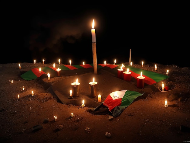 vue du haut du drapeau palestinien avec des bougies allumées sur un sol sombre funérailles palestiniennes mort