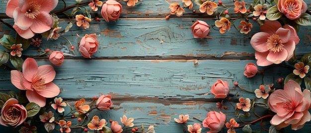 La vue du haut est de fleurs de magnolia avec des roses et des hortensias avec une place pour votre texte Le fond est des planches de bois rustiques dans un style rustique La zone de copie est plate