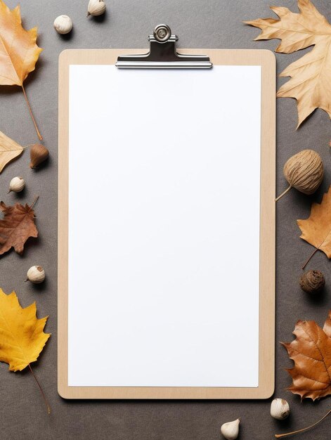 Photo vue du haut sur une feuille de papier et des feuilles sèches d'automne mockup clipboard avec une feuille vierge de papier blanc