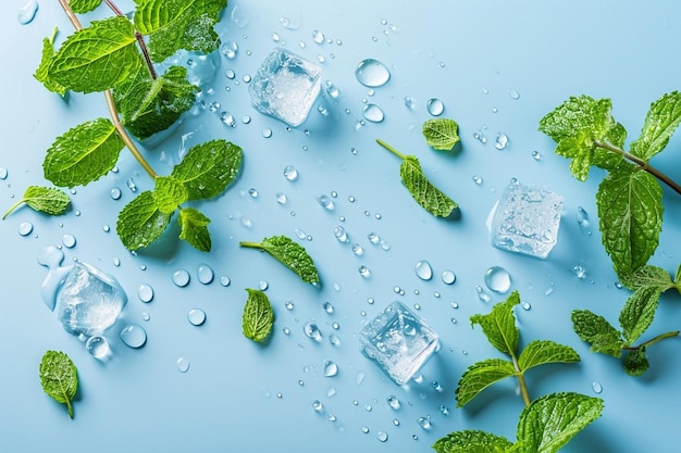 Vue du haut: des feuilles de menthe, des cubes de glace et des gouttes d'eau sur un fond bleu pastel isolé.