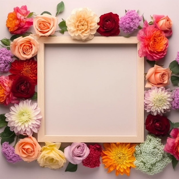 Vue du haut de fleurs colorées avec un cadre blanc