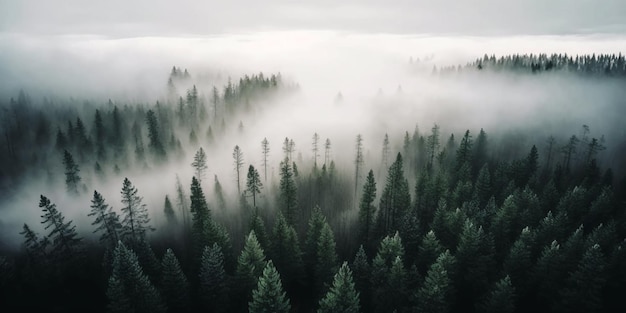 Vue du haut de la forêt dans le brouillardVue aérienne Prise de vue panoramique