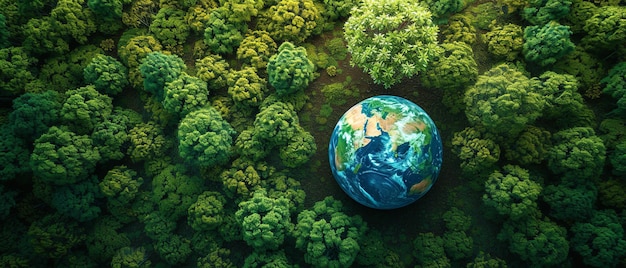 Vue du haut d'un grand globe parmi les bois avec un espace vide un concept de sauver la terre IA générative