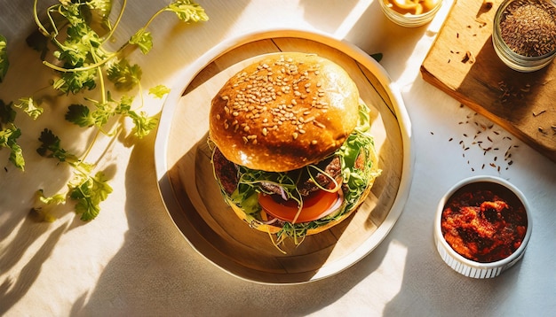 Vue du haut hamburger et sauces sur planche de bois Hamburger déjeuner fast food