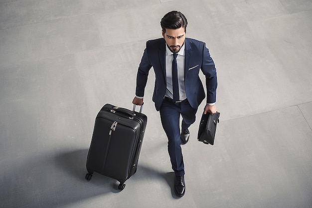 Vue du haut d'un homme d'affaires avec des bagages en route