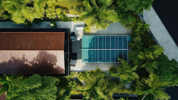 Vue du haut d'une maison moderne avec des palmiers et des panneaux solaires 3D