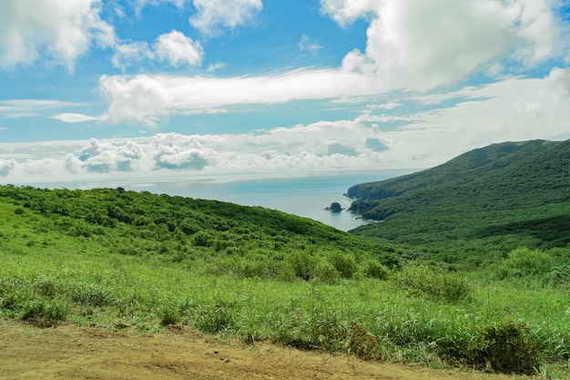 Vue du haut de la mer et des collines verdoyantes